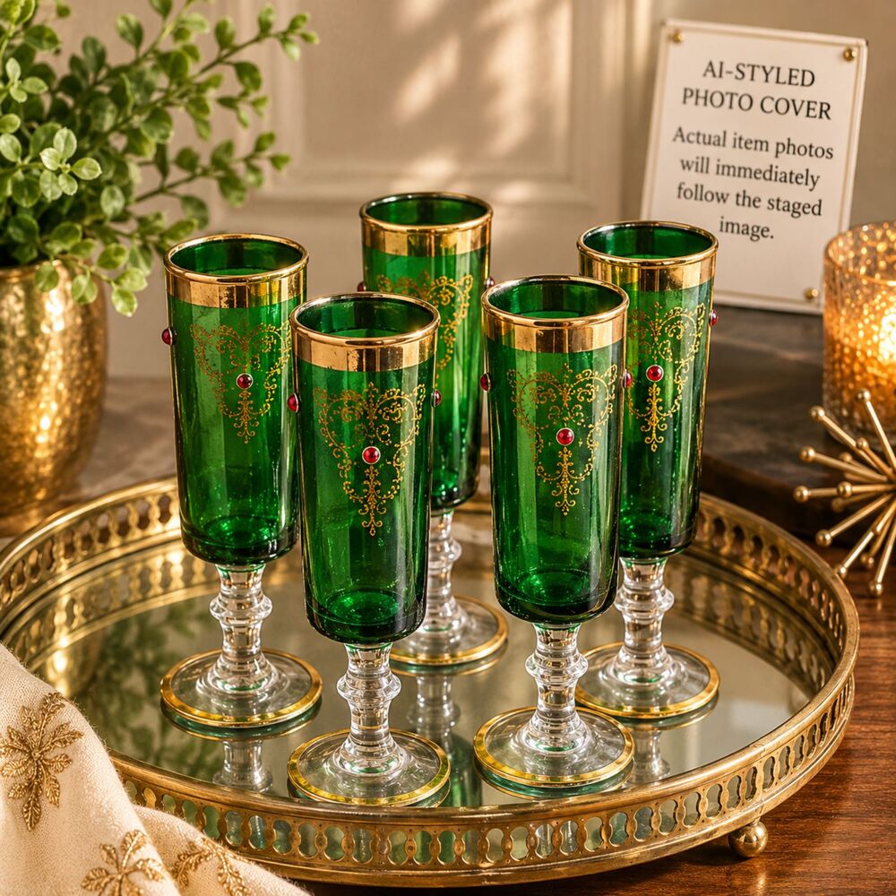 RARE Czech Bohemian Emerald & Gold Aperitif Glasses • Enamel Accents • Set of 5